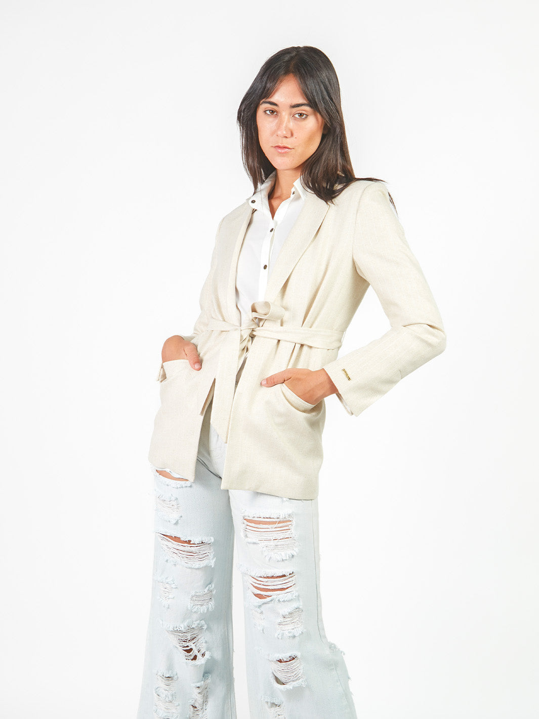 Blazer rayas cinturón lazo