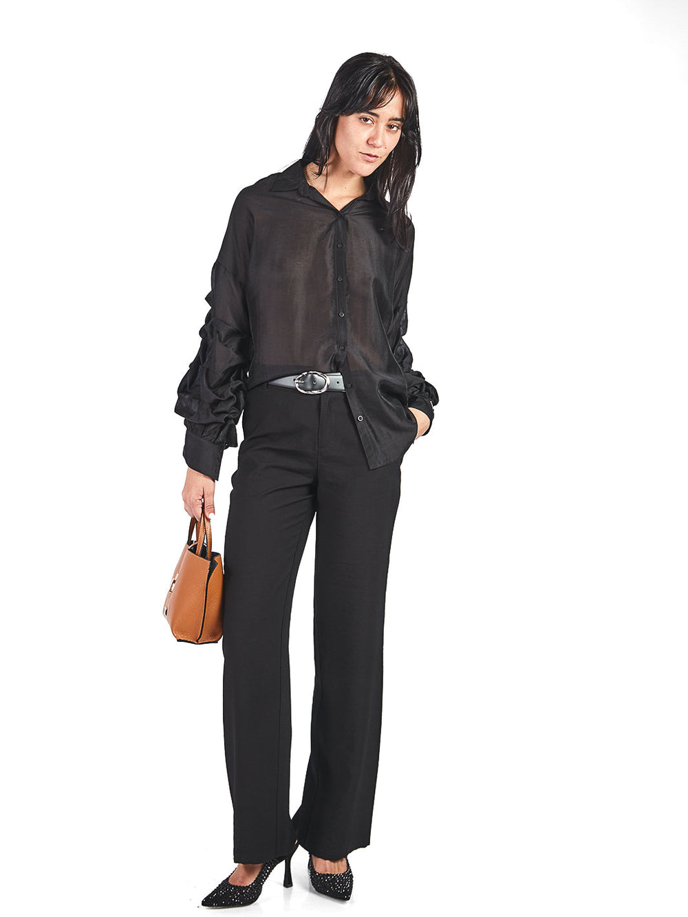 Blusa manga larga pliegues con cuello