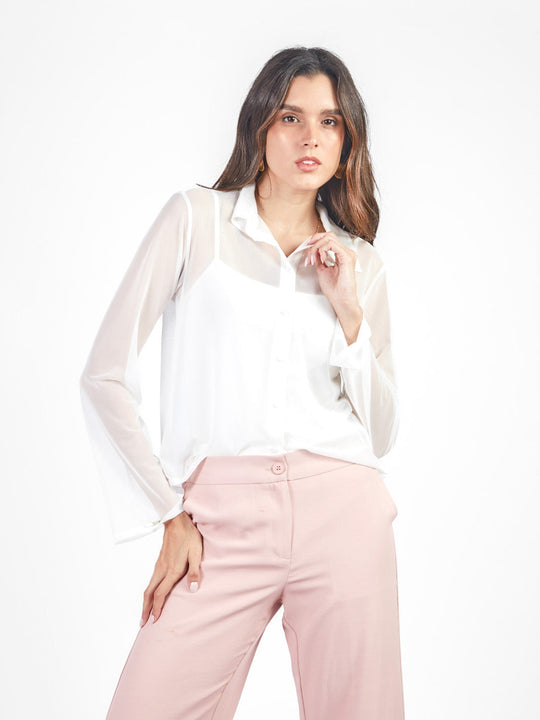 Blusa manga larga con cuello camisero de mesh