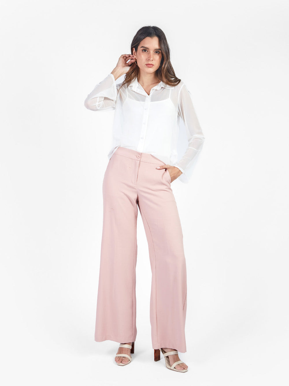 Blusa manga larga con cuello camisero de mesh