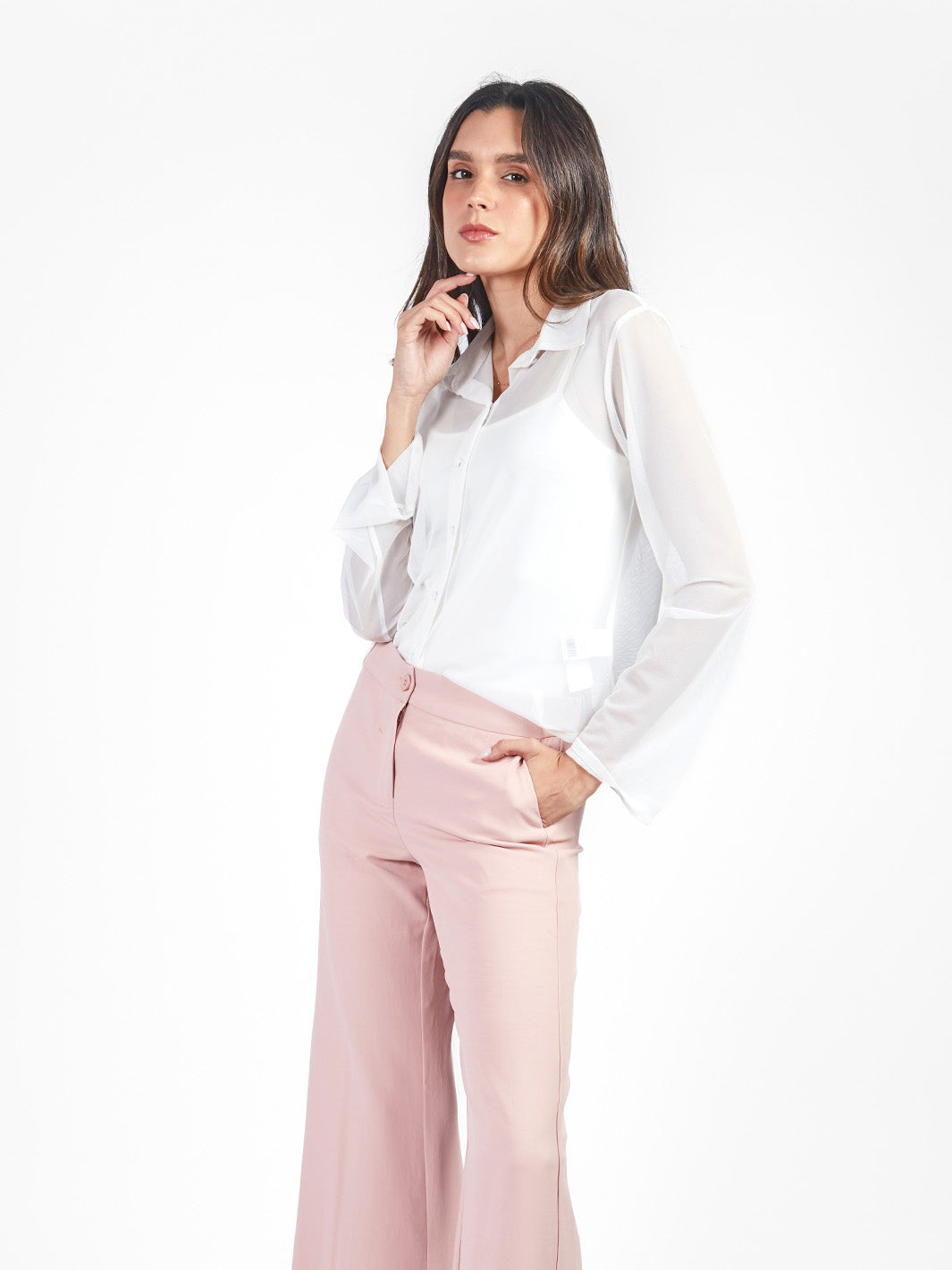 Blusa manga larga con cuello camisero de mesh