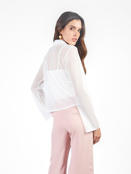 Blusa manga larga con cuello camisero de mesh