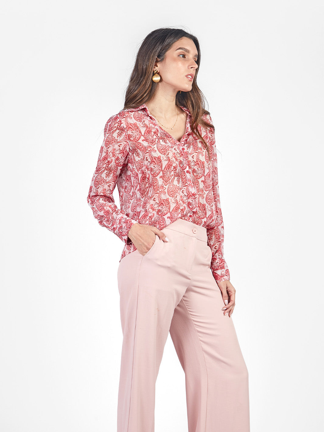 Blusa manga larga con cuello camisero estampado paisley