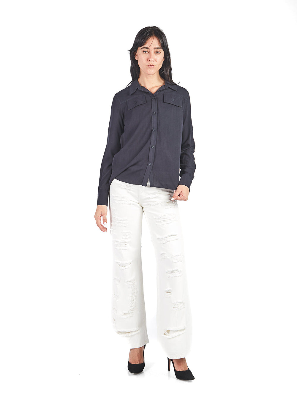 Blusa manga larga con cuello y bolsillos Azul Marino