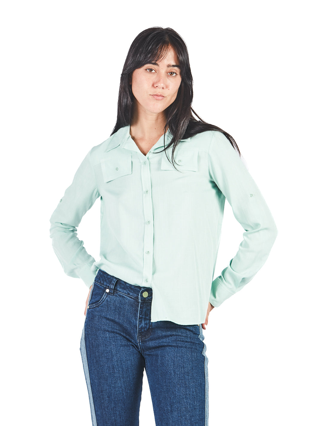 Blusa Manga Larga Con Cuello Y Bolsillos