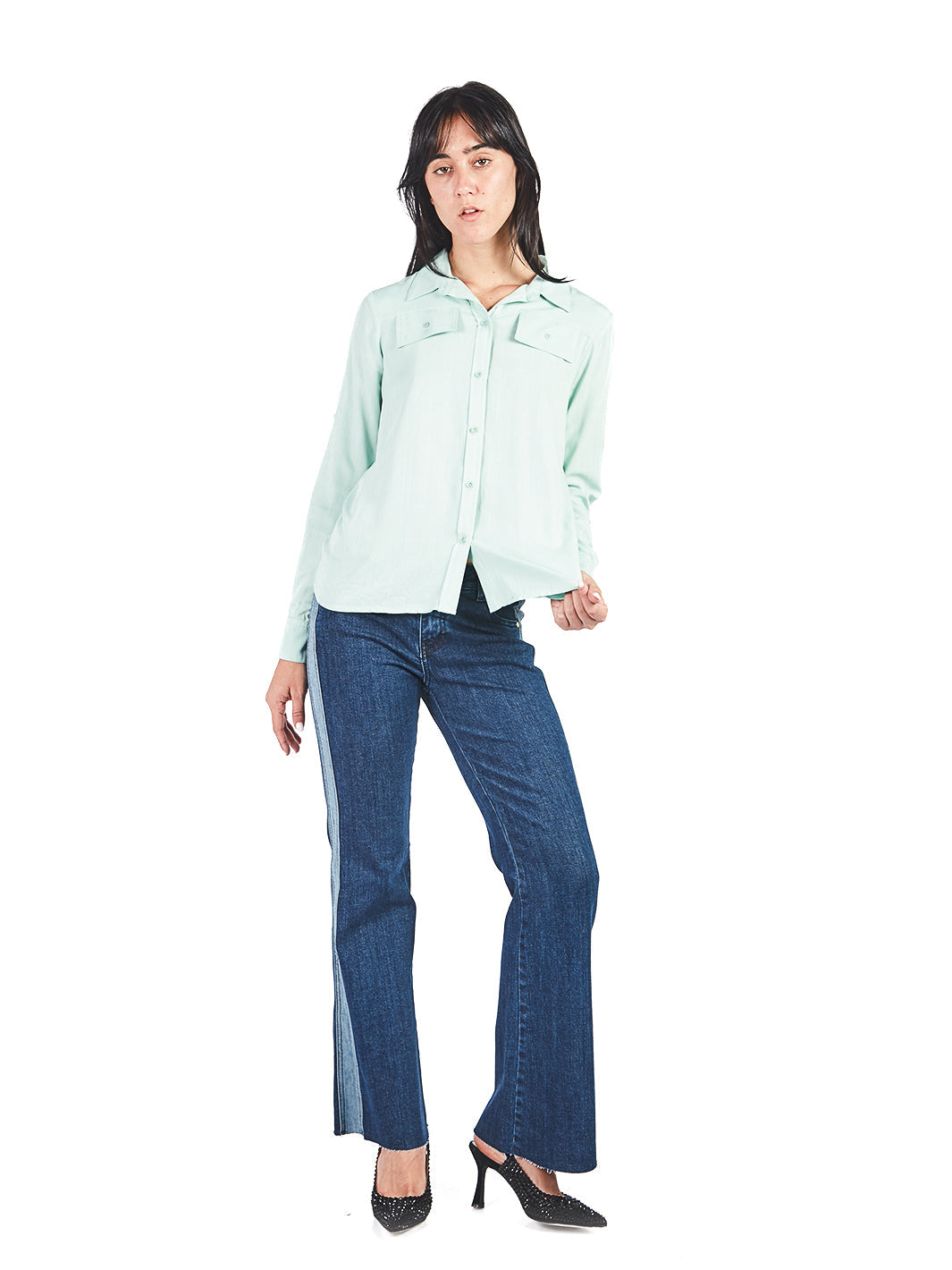 Blusa Manga Larga Con Cuello Y Bolsillos