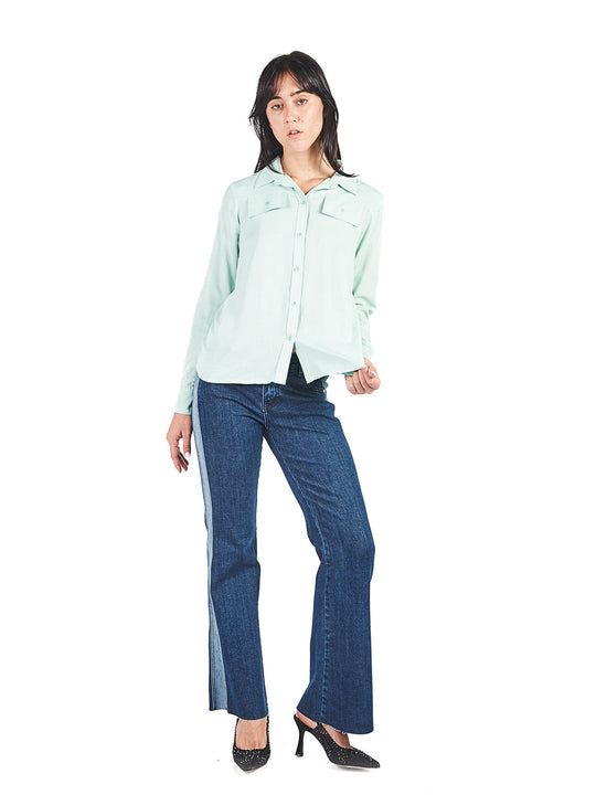 Blusa Manga Larga Con Cuello Y Bolsillos