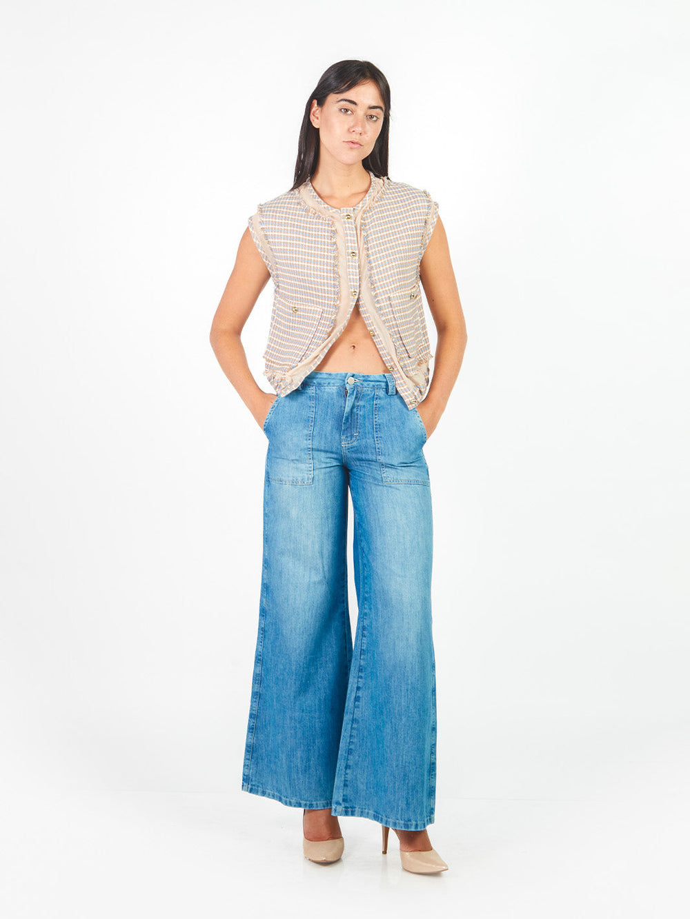 Chaleco tweed con transparencias