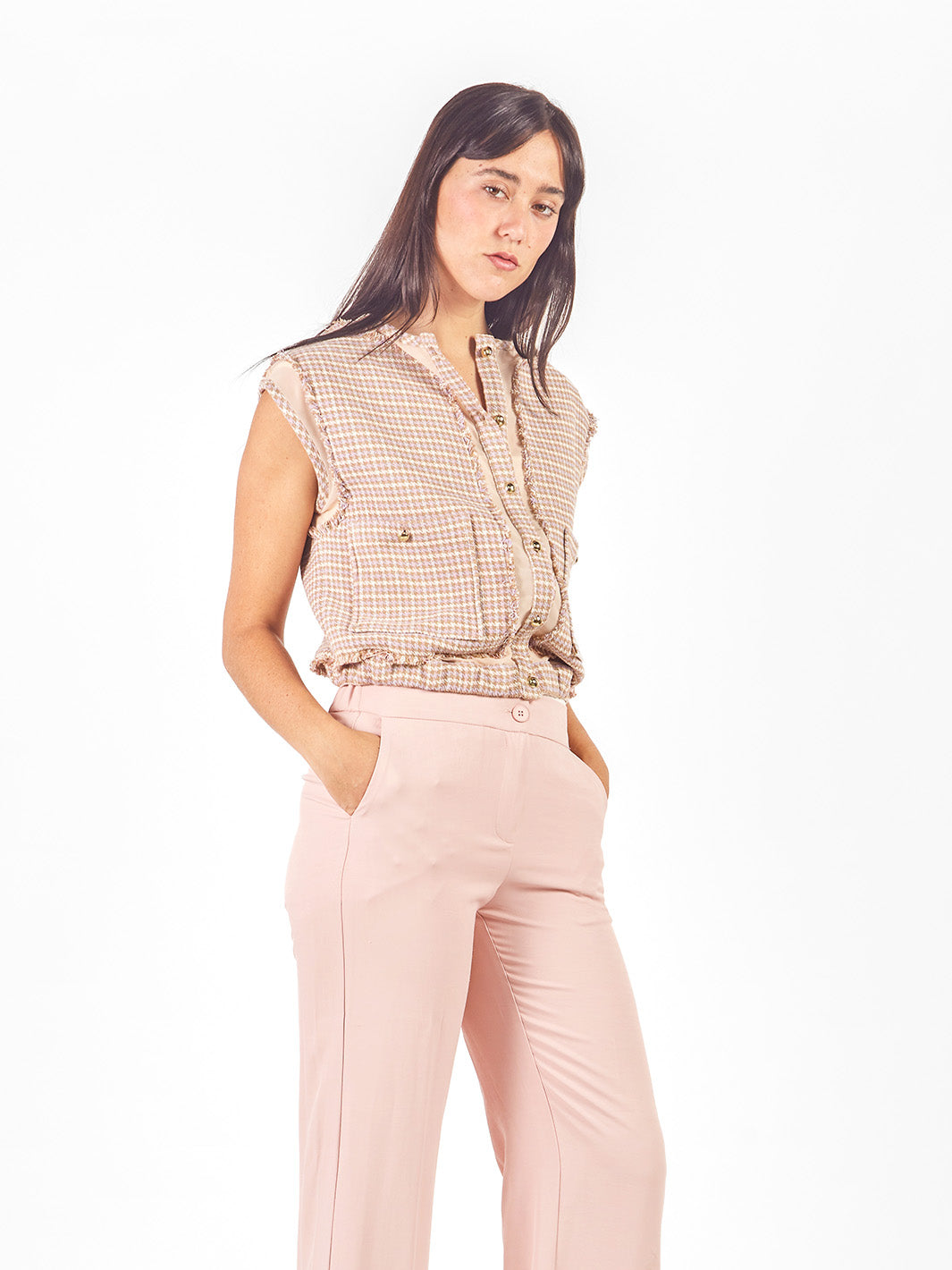 Chaleco tweed con transparencias