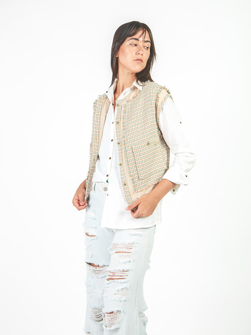 Chaleco tweed con transparencias