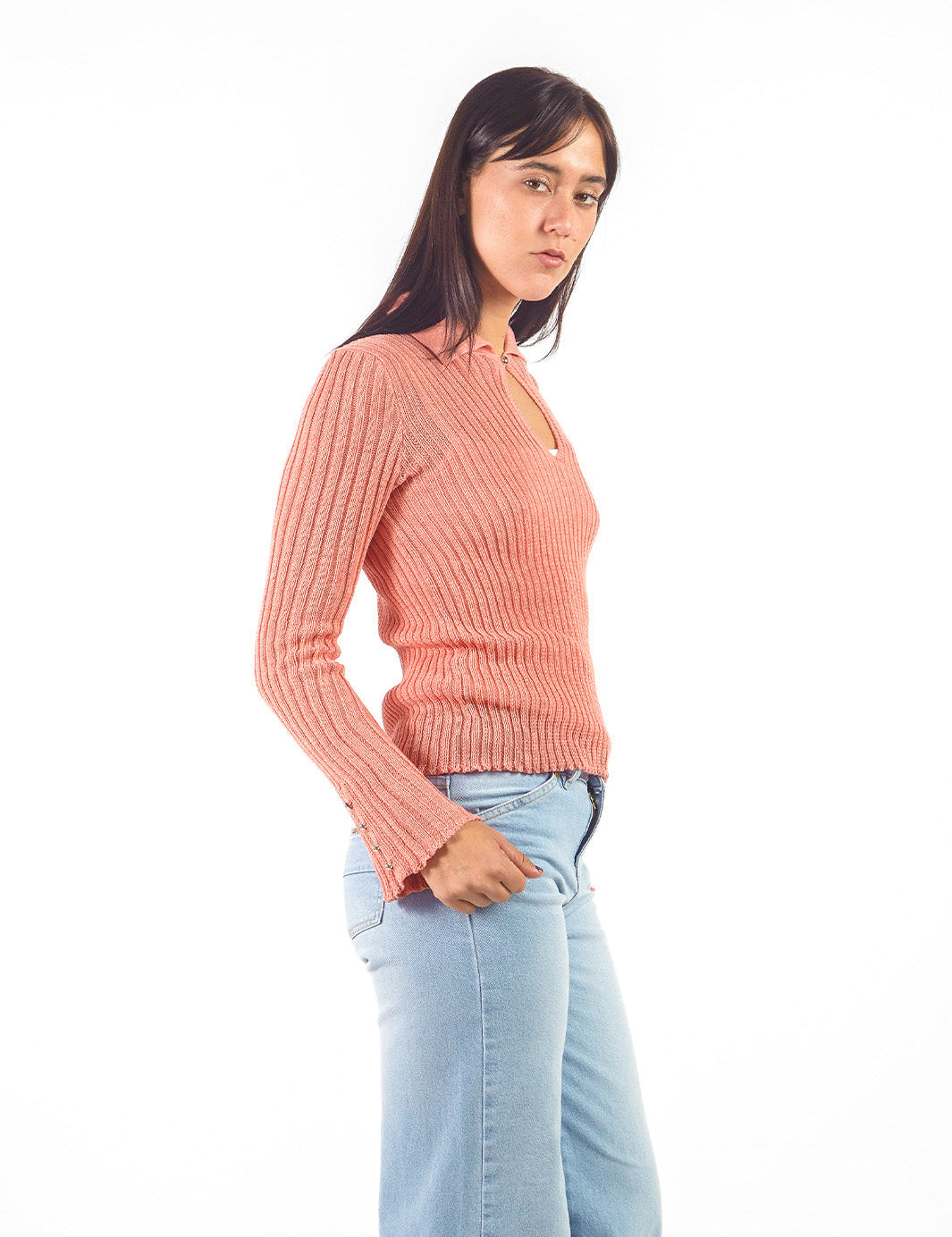 Chompa acanalada con cuello Rosado