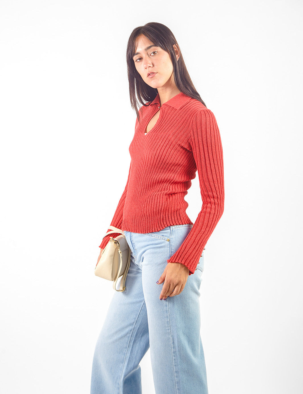 Chompa acanalada con cuello Rojo