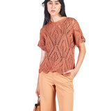 Chompa manga corta calada de escote ojal Naranja
