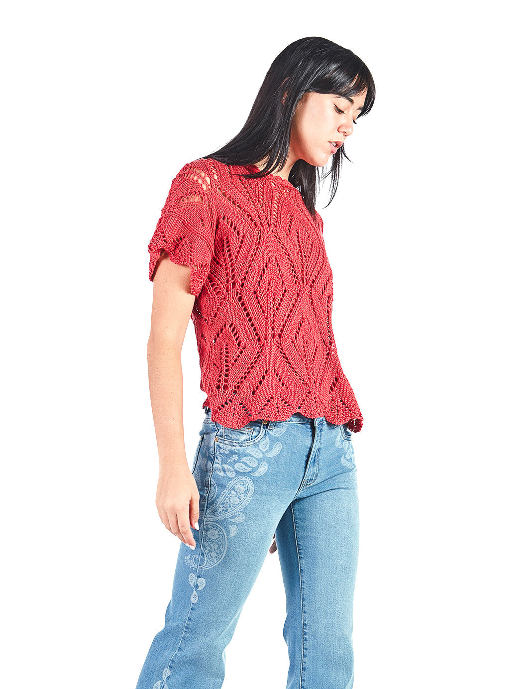Chompa manga corta calada de escote ojal Rojo