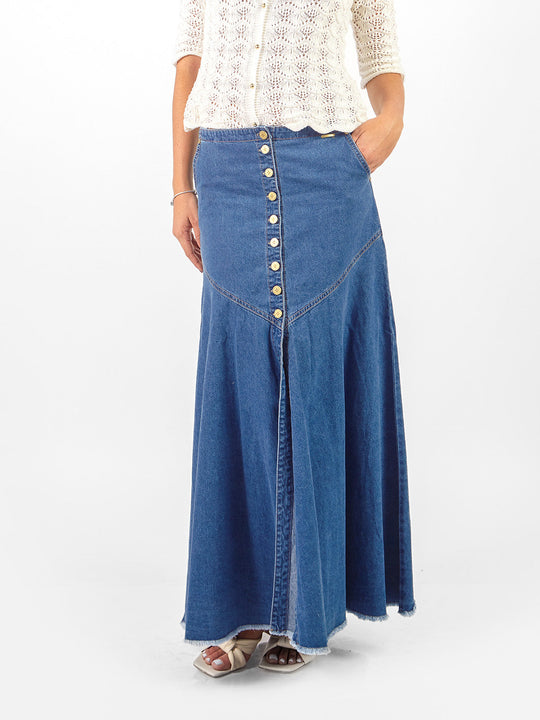 Falda maxi semi-acampanada botones de denim