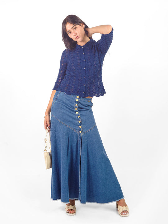 Falda maxi semi-acampanada botones de denim