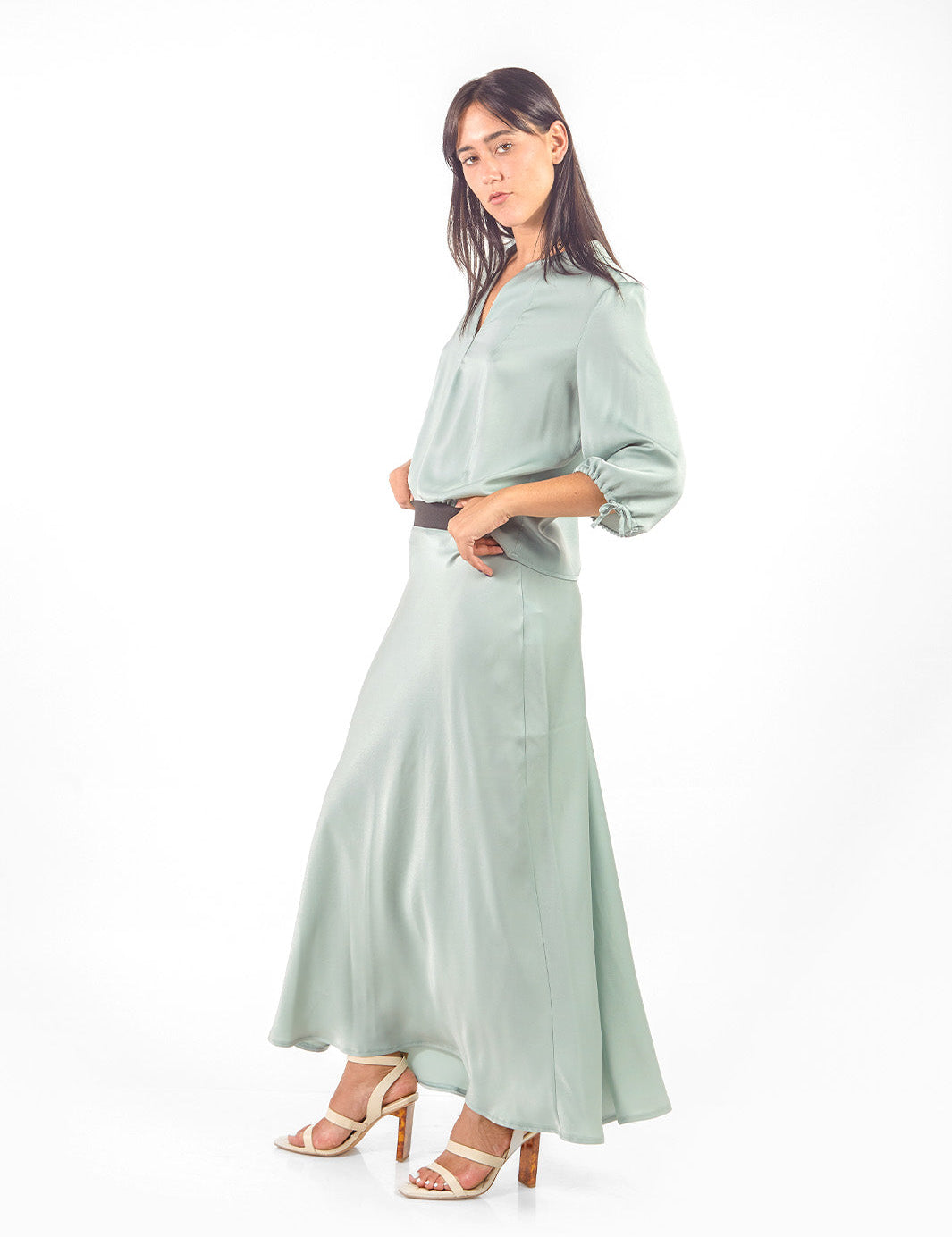 Falda maxi de satín Verde Agua