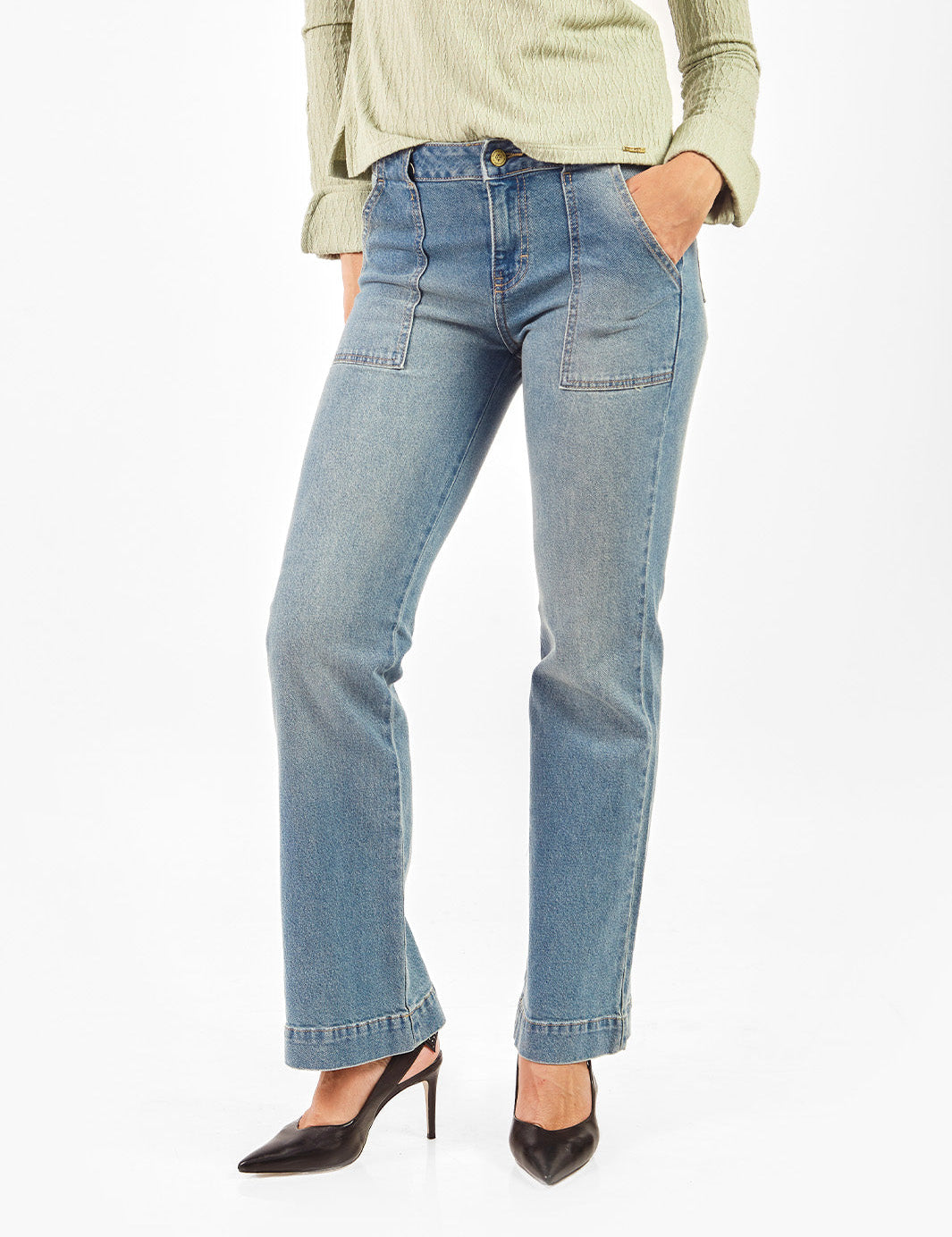 Pantalón denim recto bolsillos pespuntados Azul