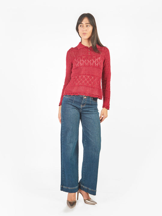Pantalón denim recto con cintura desflecada