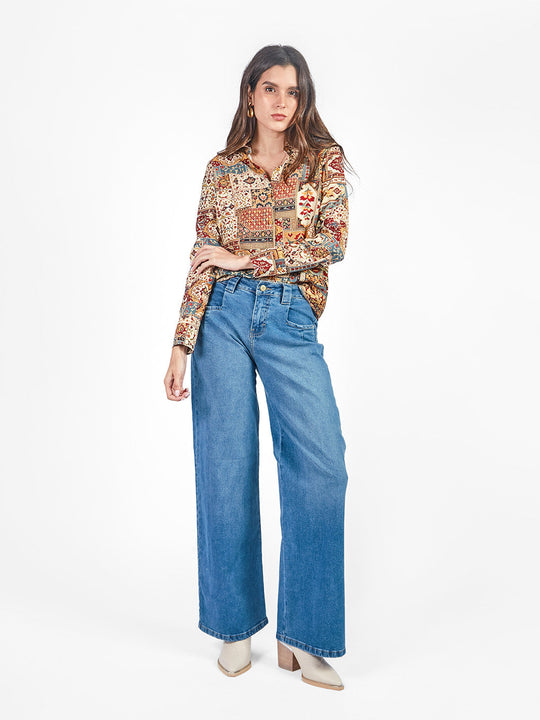 Pantalón denim recto pinzas
