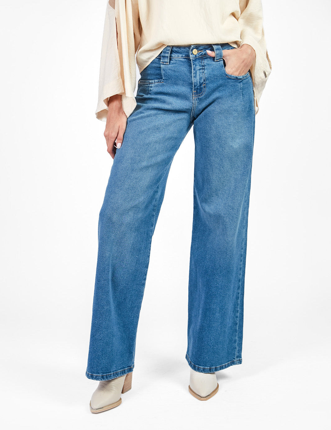Pantalón denim recto pinzas Azul
