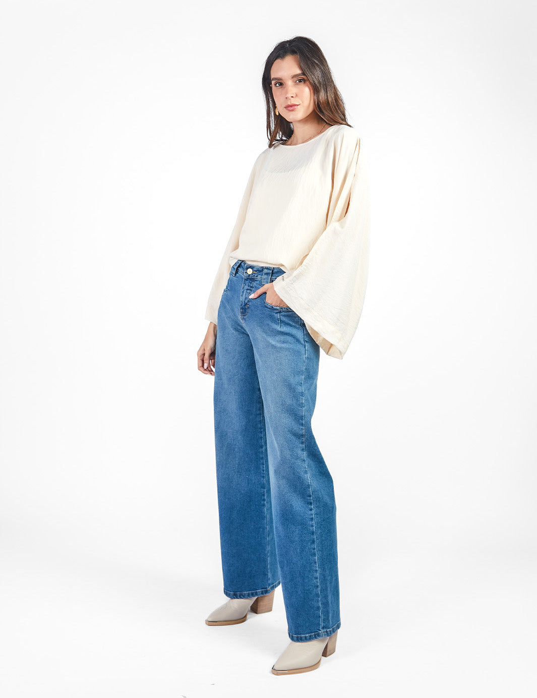 Pantalón denim recto pinzas Azul