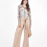 Pantalón palazzo con lazo y pinzas Beige