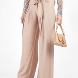 Pantalón palazzo con lazo y pinzas Beige