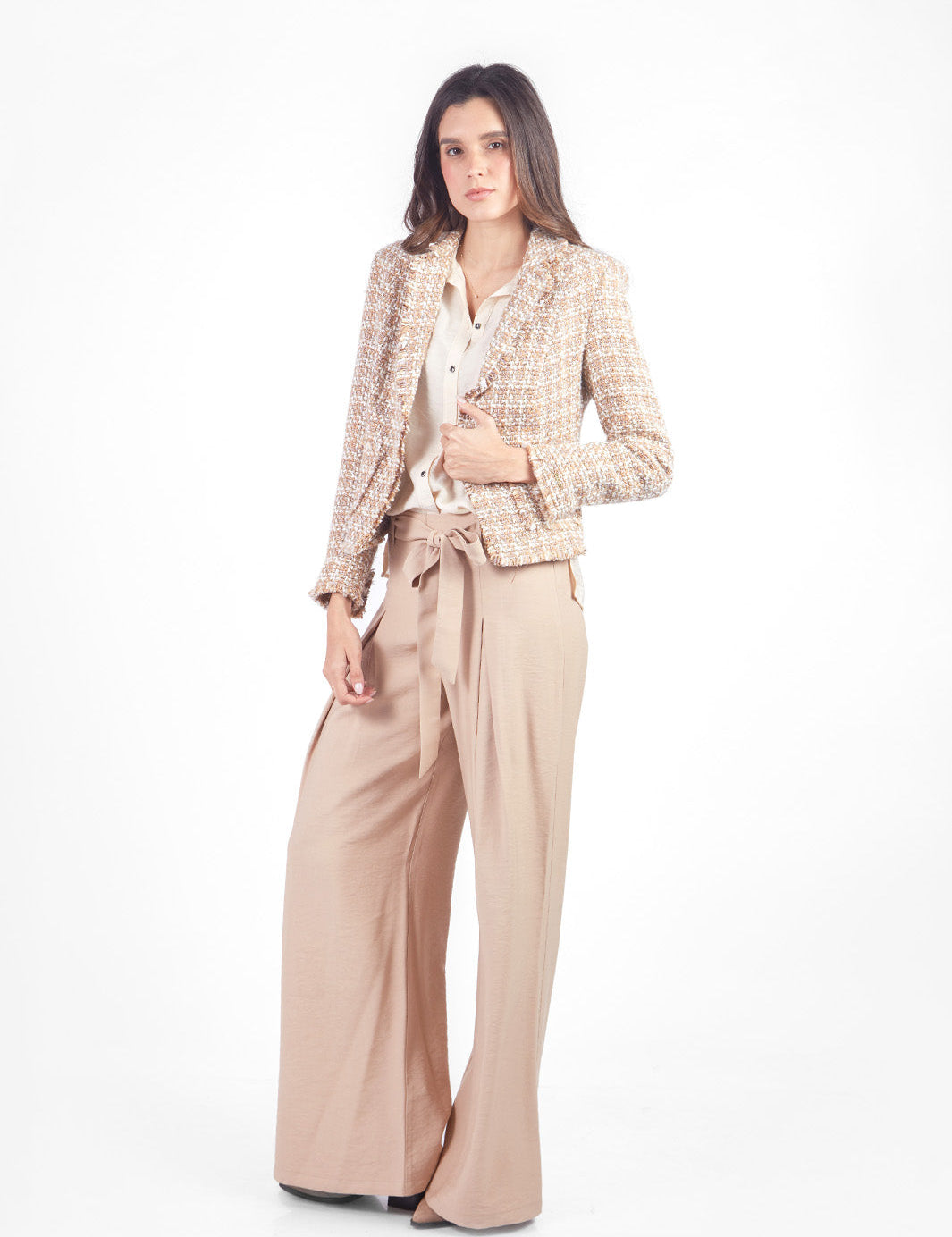 Pantalón palazzo con lazo y pinzas Beige