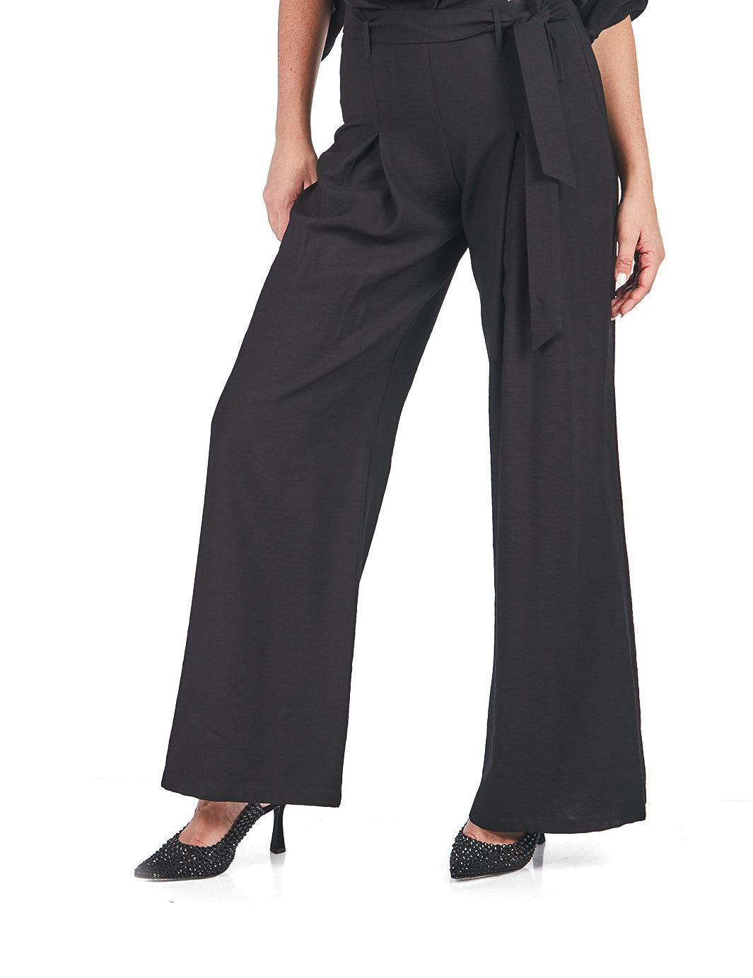 Pantalón palazzo con lazo y pinzas Negro
