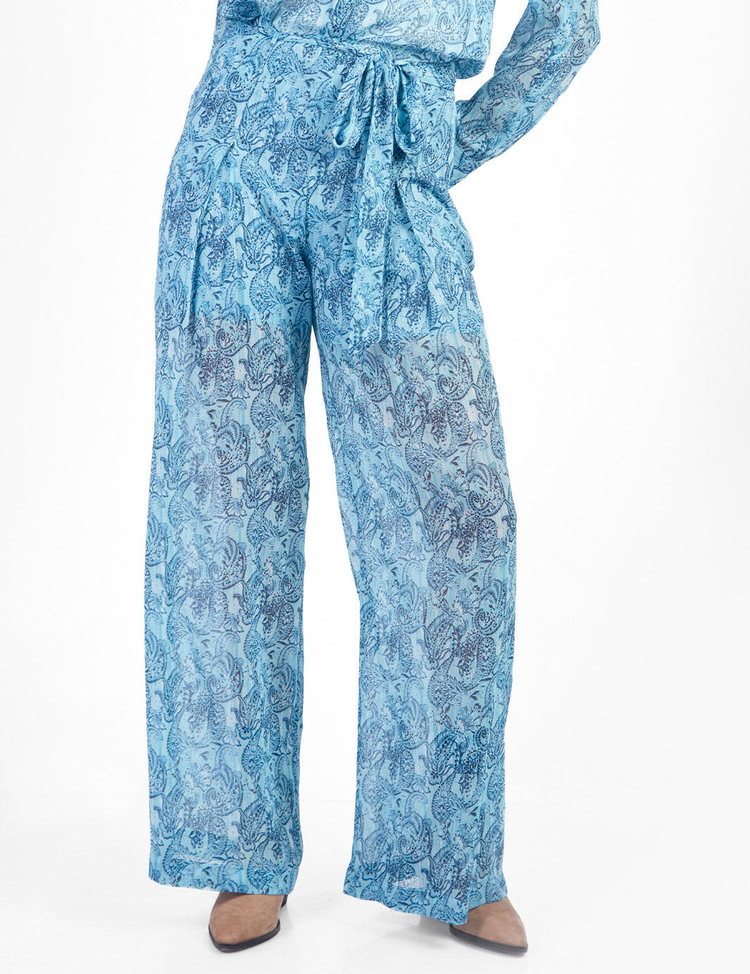 Pantalón palazzo con lazo paisley Celeste