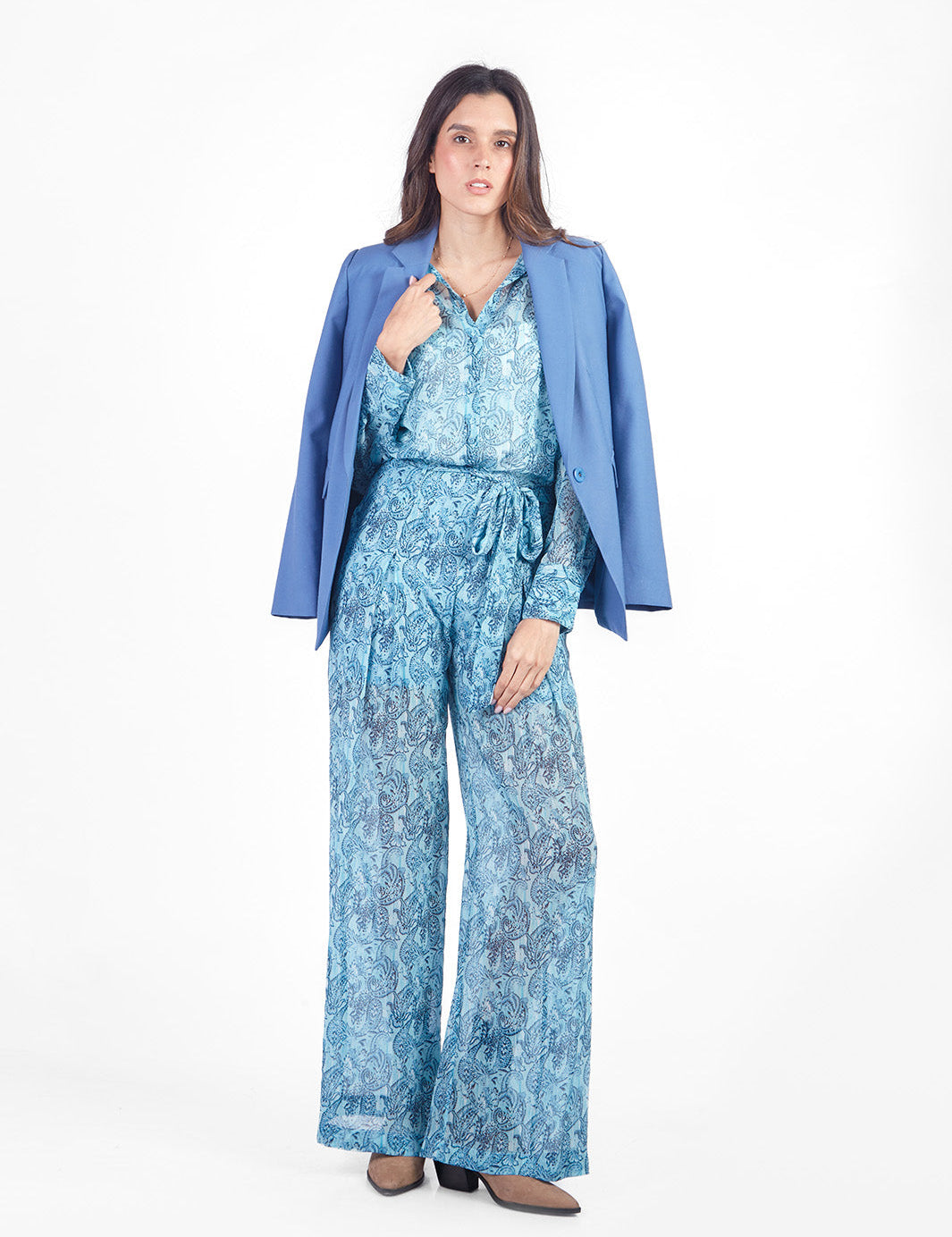 Pantalón palazzo con lazo paisley Celeste