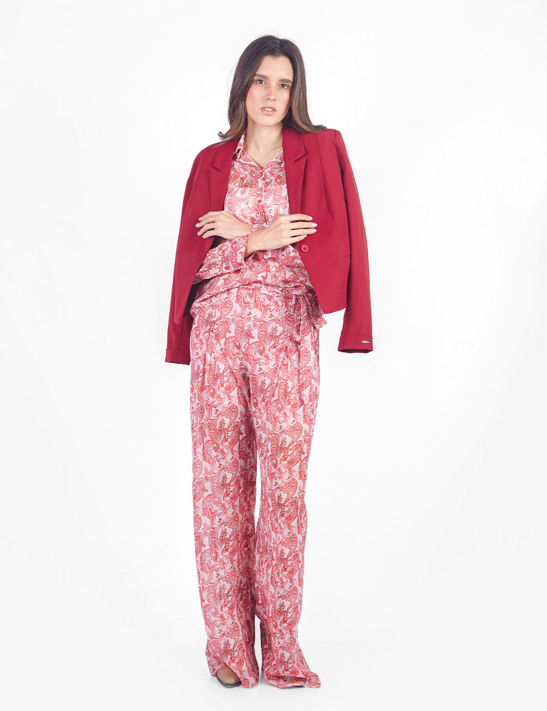Pantalón palazzo con lazo paisley Rojo