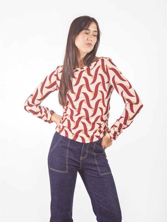 Polo estampado manga larga con recogidos