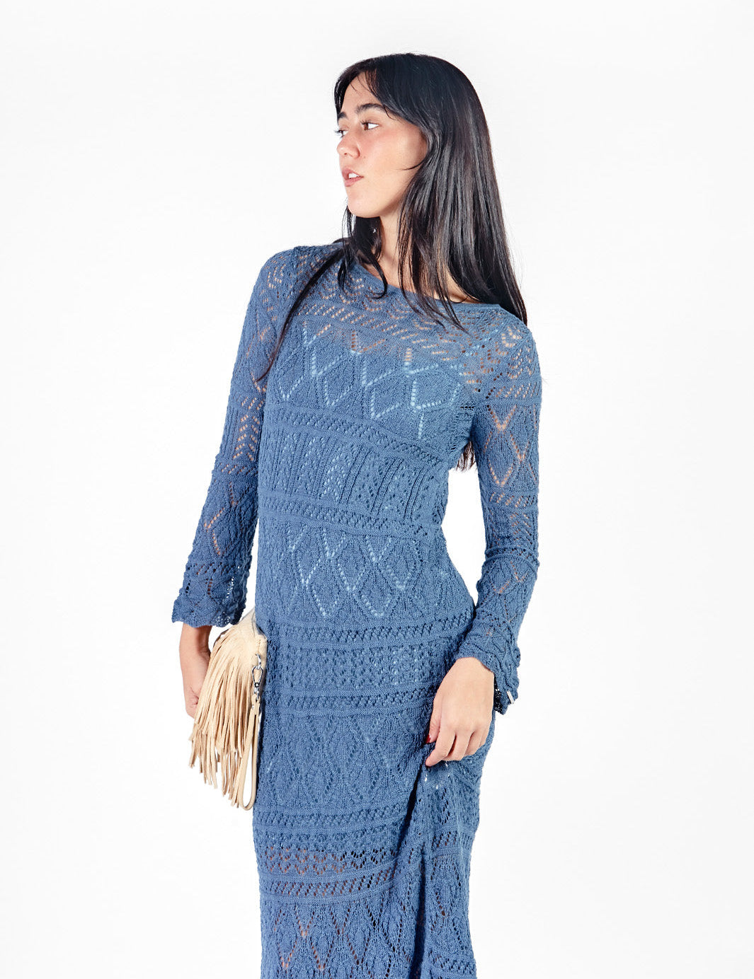 Vestido largo tejido manga larga - early spring Azul Acero