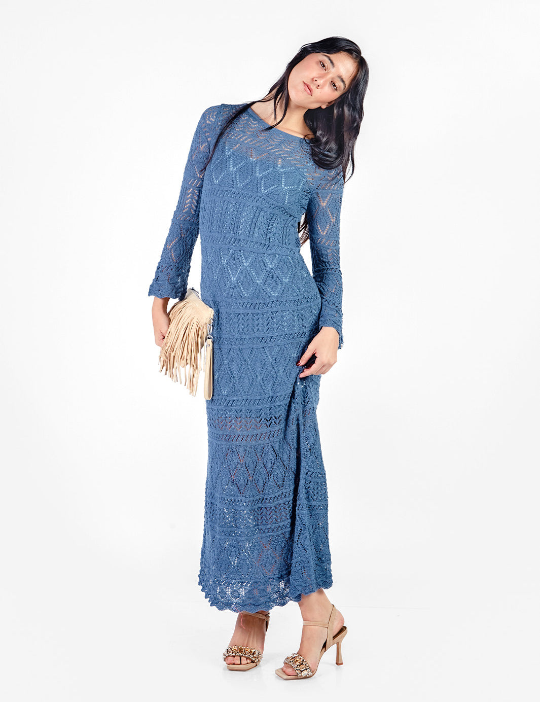 Vestido largo tejido manga larga - early spring Azul Acero
