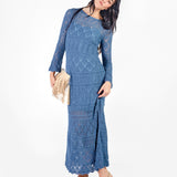 Vestido largo tejido manga larga - early spring Azul Acero