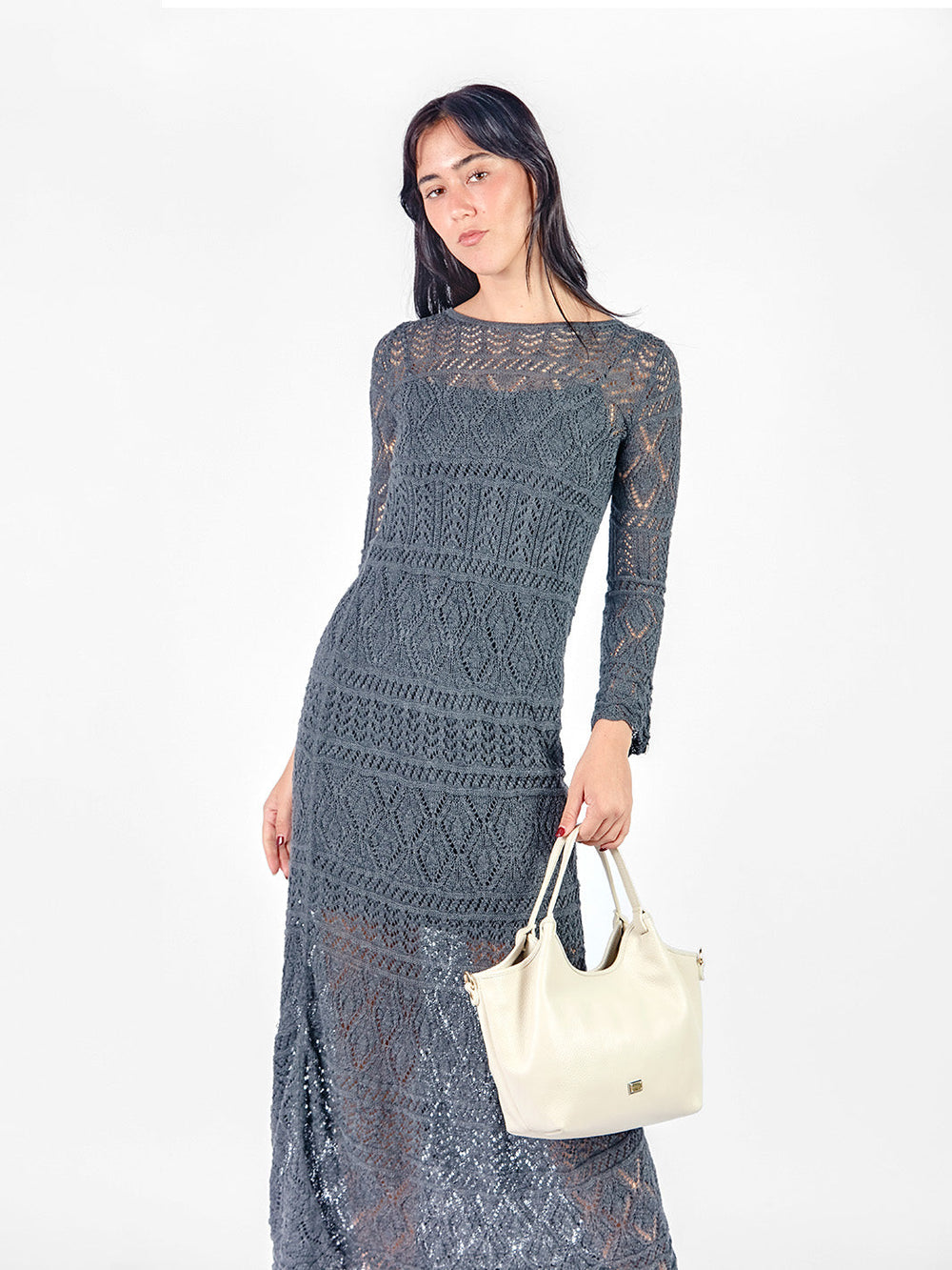 Vestido largo tejido manga larga - early spring Charcoal