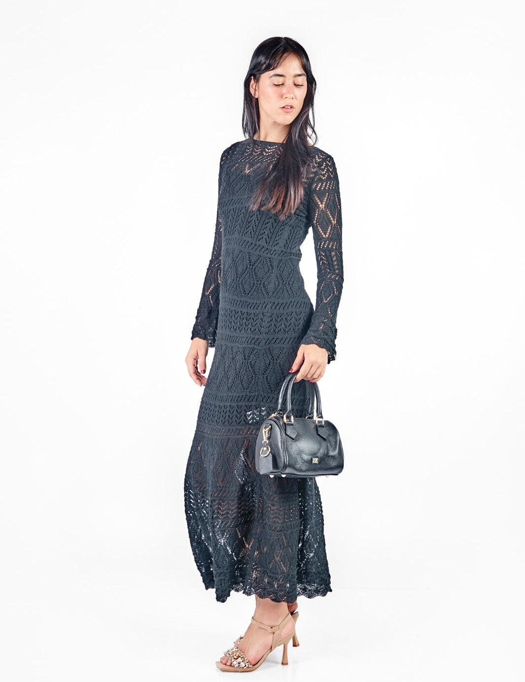 Vestido largo tejido manga larga - early spring Negro