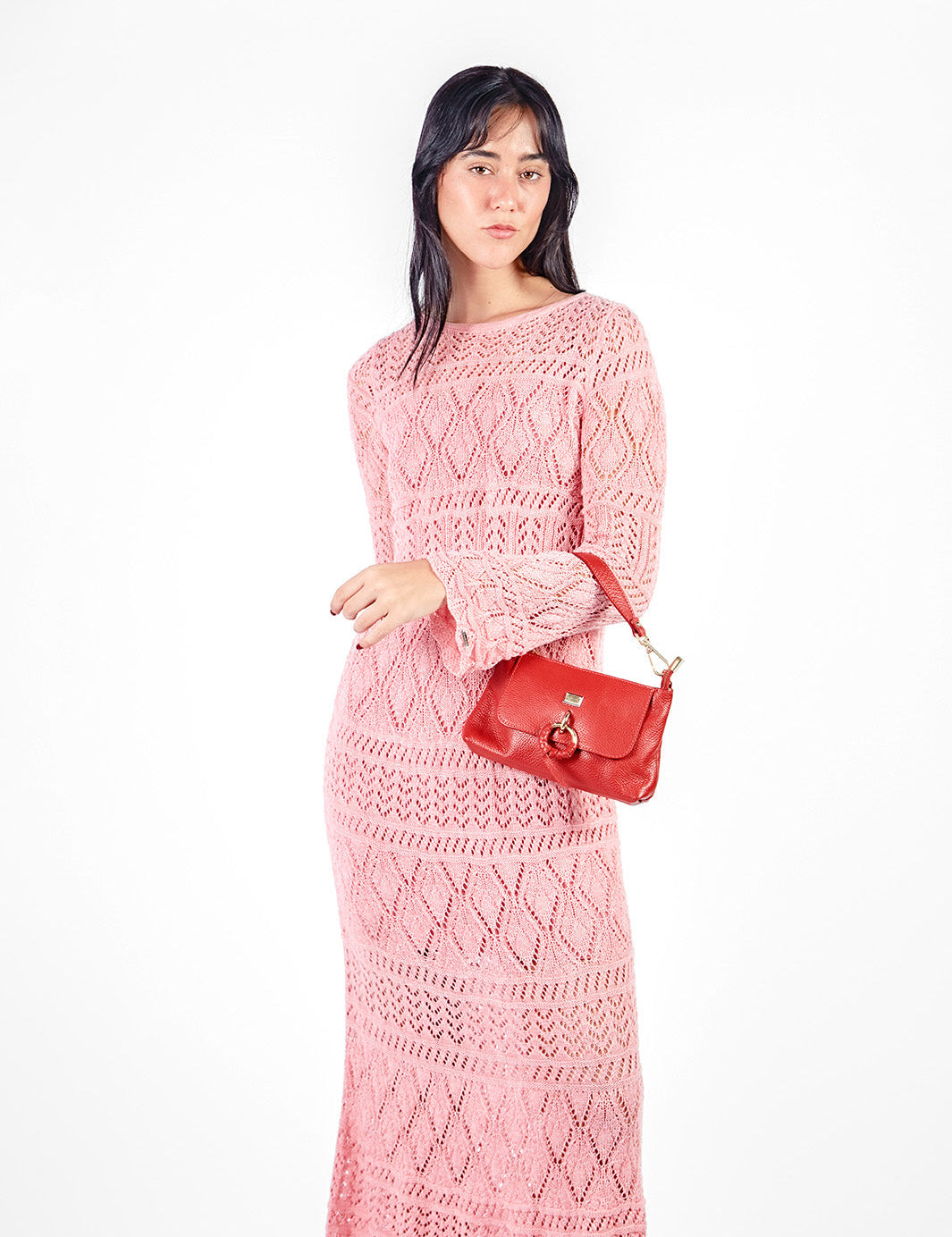 Vestido largo tejido manga larga - early spring Rosado