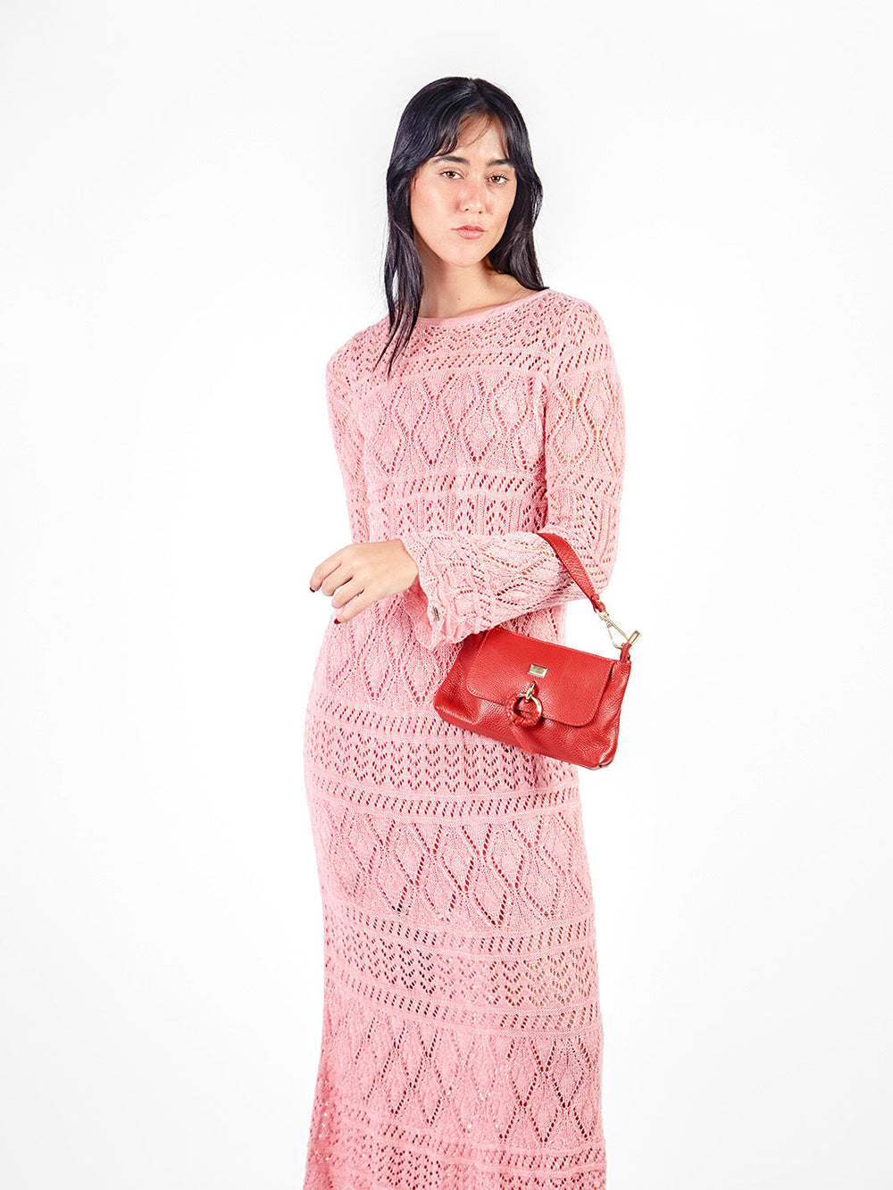 Vestido largo tejido manga larga - early spring Rosado