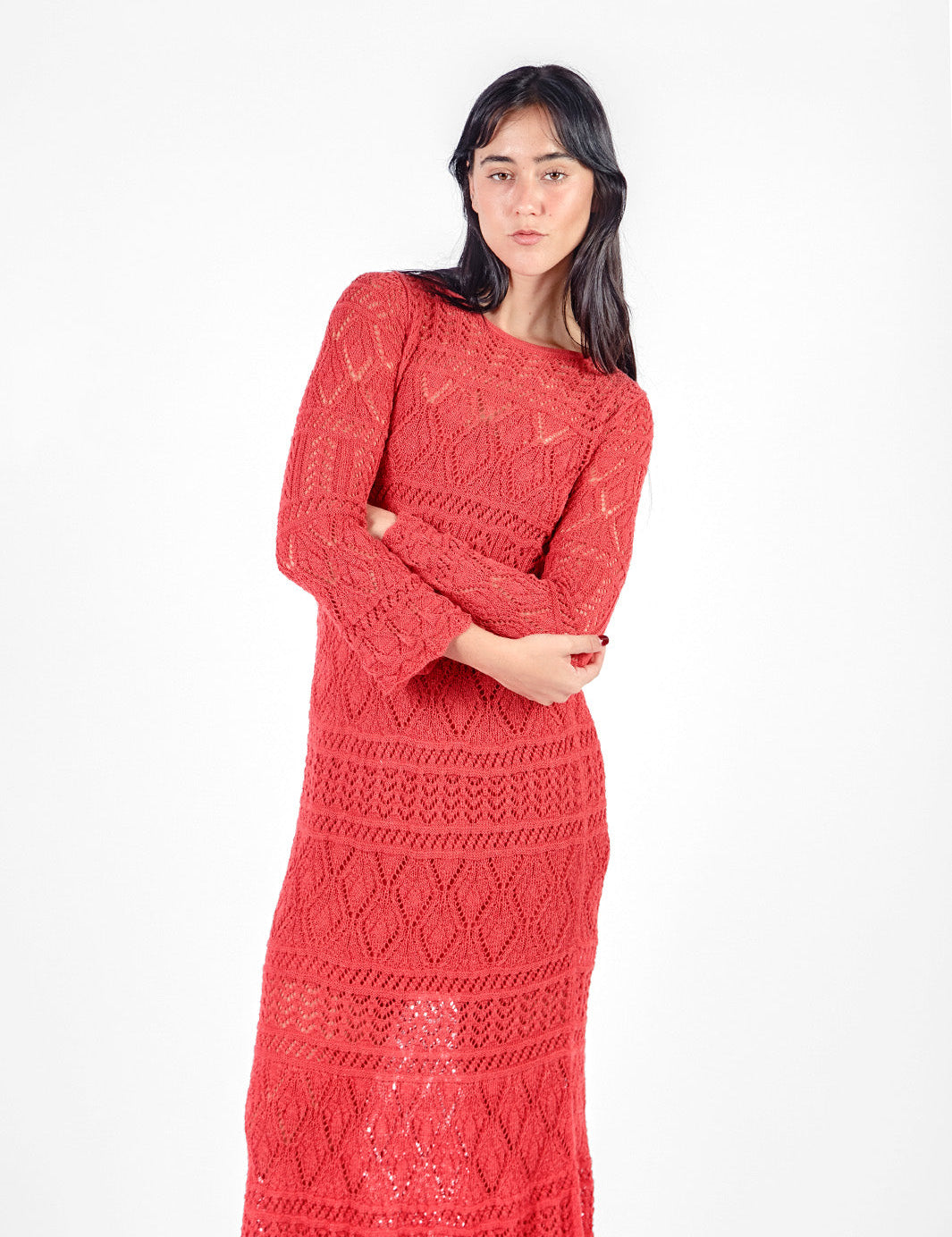 Vestido largo tejido manga larga - early spring Rojo