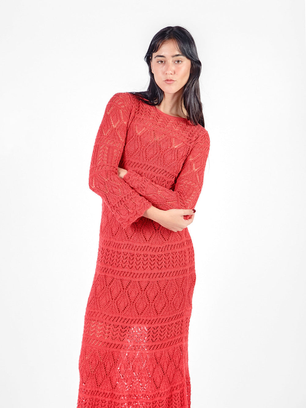 Vestido largo tejido manga larga - early spring Rojo