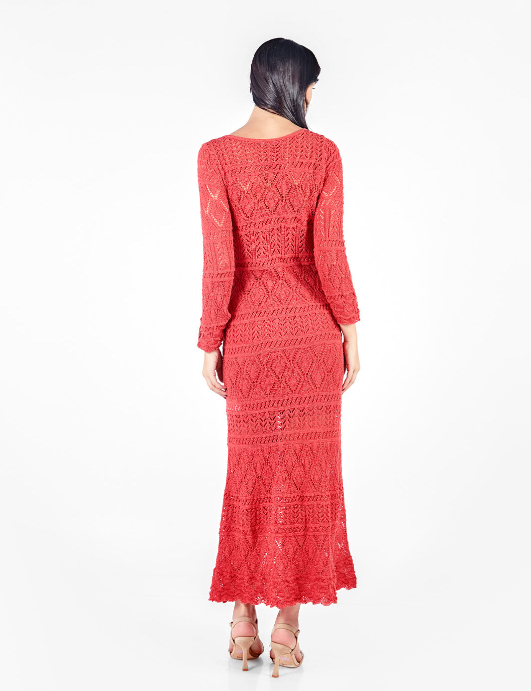 Vestido largo tejido manga larga - early spring Rojo