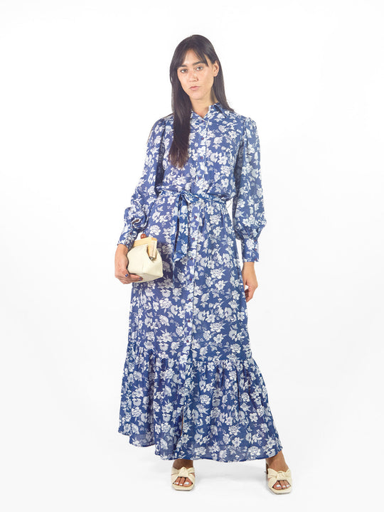 Vestido maxi camisero estampado floral lazo cinturón