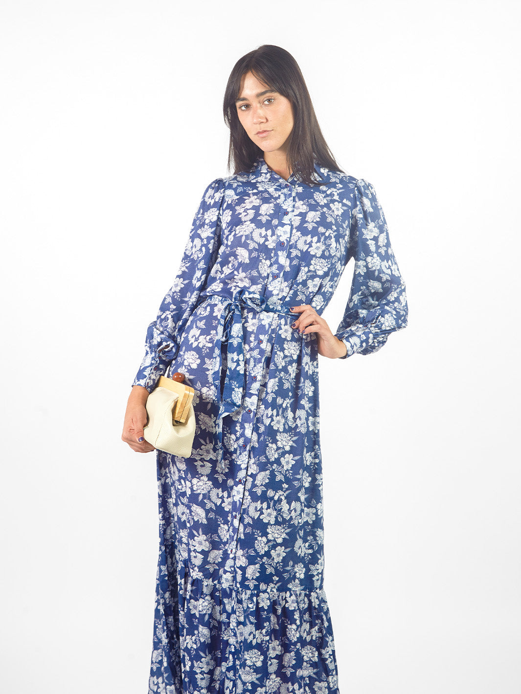 Vestido maxi camisero estampado floral lazo cinturón