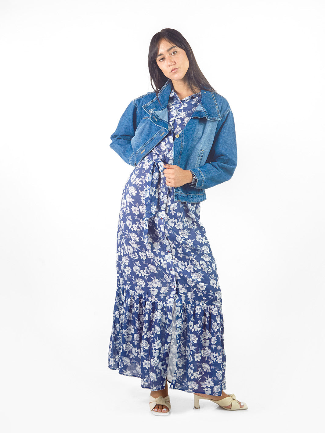 Vestido maxi camisero estampado floral lazo cinturón