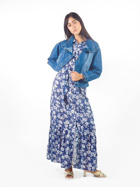 Vestido maxi camisero estampado floral lazo cinturón
