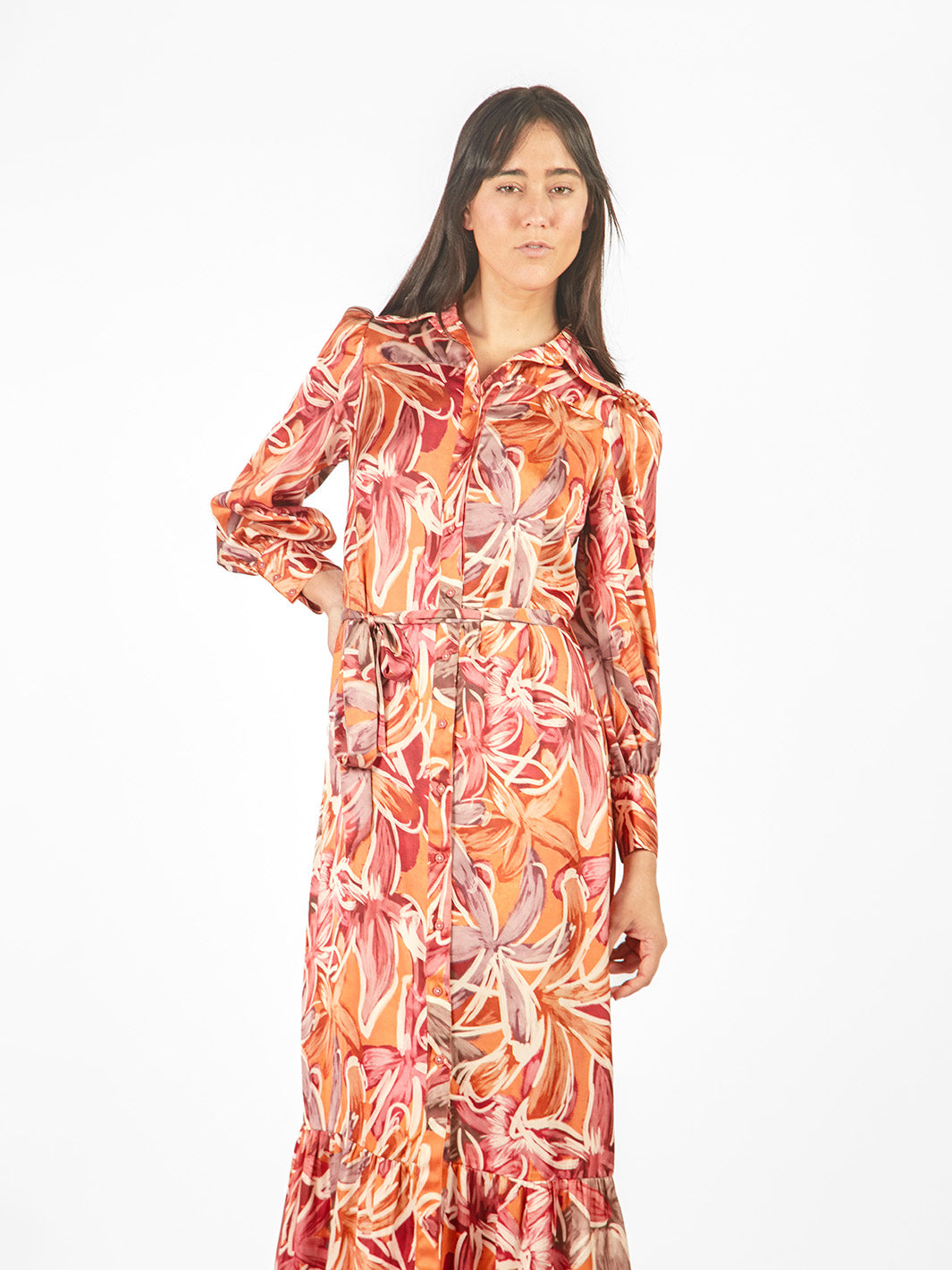 Vestido maxi camisero estampado floral lazo cinturón