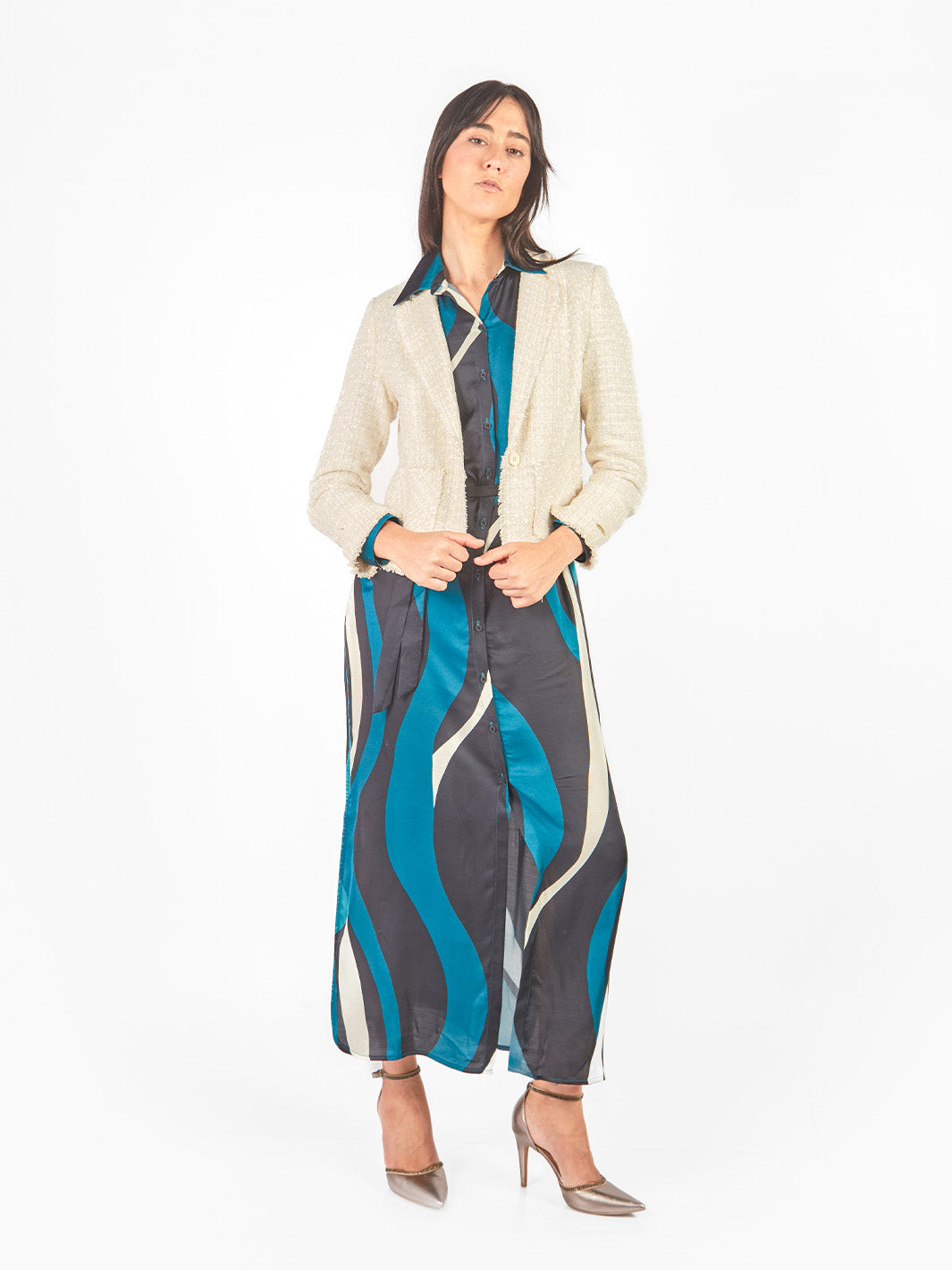 Vestido maxi camisero estampado ondas lazo cinturón